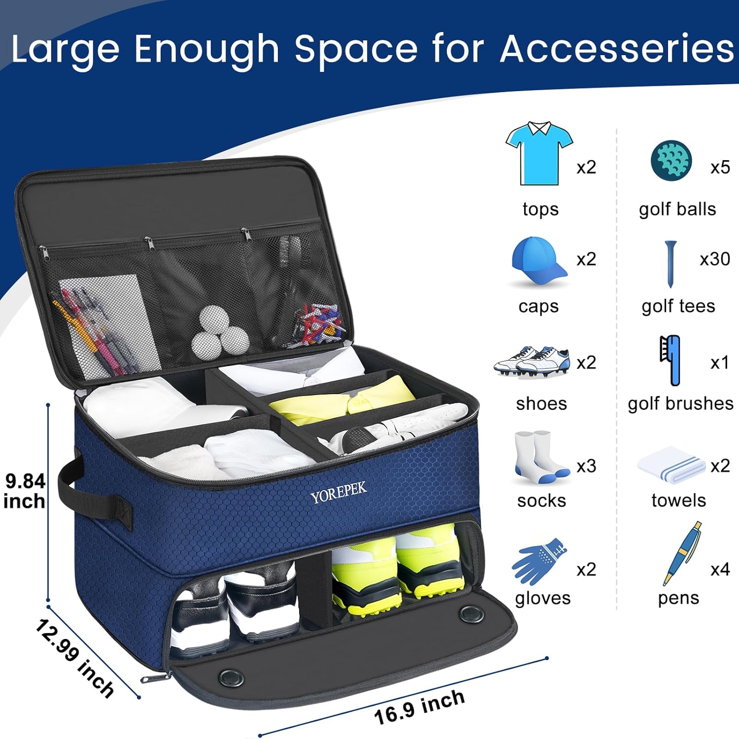 YOREPEK 2 Layer Golf Trunk Organizer, Waterproof Car Golf Locker with Separate Ventilated Compartment for 2 Pair Shoes, Golf Trunk Storage for Balls, Tees, Clothes, Gloves, Accessories, Golf Gifts