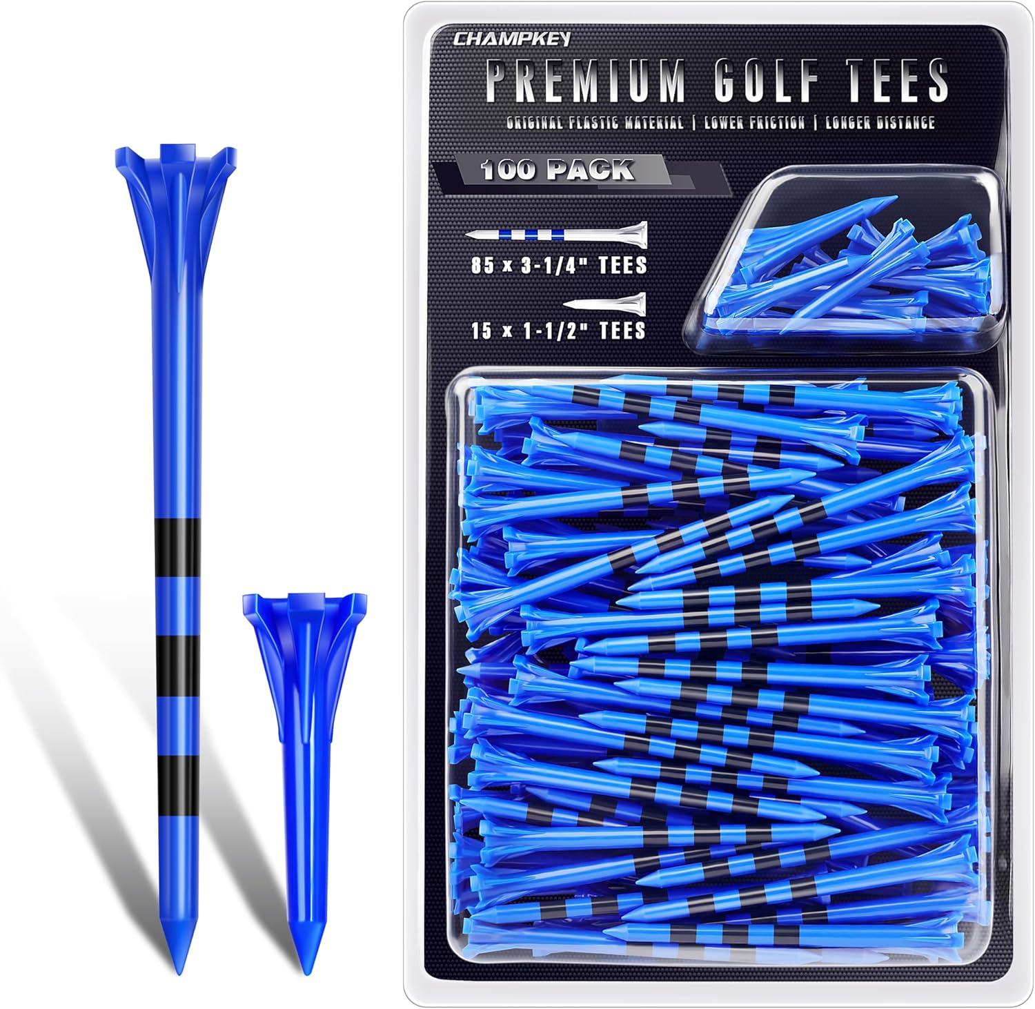 CHAMPKEY Professional 5 Prongs Golf Tees 100 Pack | 85 Driver Tees with 15 Iron/Hybrid Tees Mixed Pack | Low Friction and Resistance Golf Plastic Tees