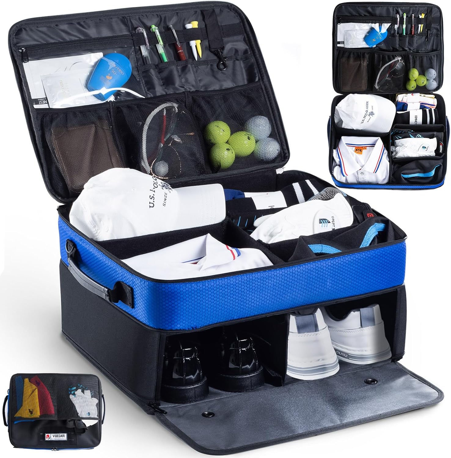 VIGEGARI Upgraded Golf Trunk Organizer Storage with Separate Compartment for 2 Pair Shoes Up to US Mens 16, Golf Car Locker Organizer for Golf Balls, Golf Gloves, Golf Accesories for Men, Golf Gifts