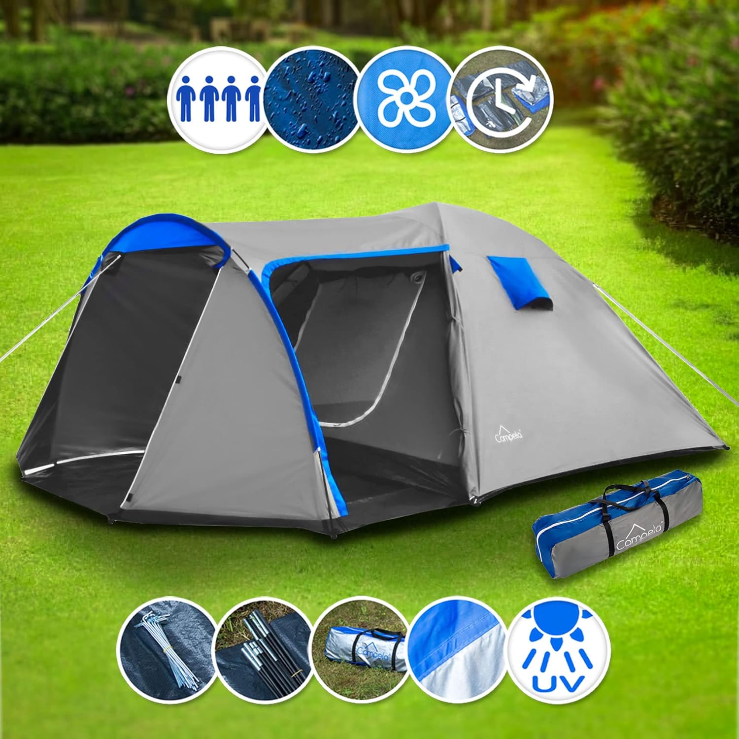 Campela Camping Tent, Family Camping Tent - 4 Person Camping Tent, Tropical-4 Model, Waterproof 3000m, Sealed Seams, CA0013