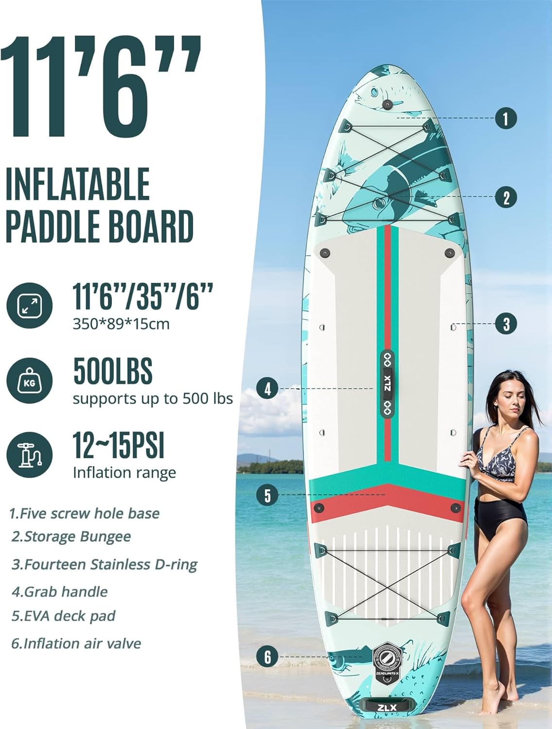 ZLX Super Wide 11'6 x 35 Inflatable Stand Up Paddle Board with Hand Pump for Adults & Youth - Super Stable Fins Design, Non-Slip Deck, Adjustable Paddle, Safety Leash, and Carry Bag