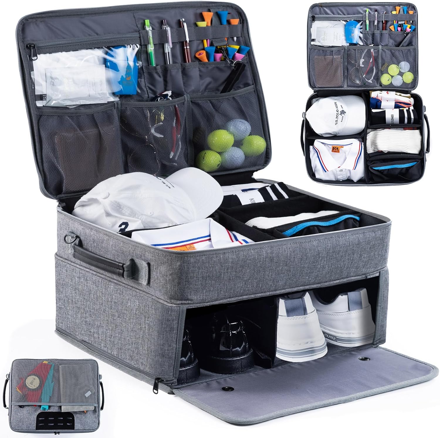 VIGEGARI Upgraded Golf Trunk Organizer Storage with Separate Compartment for 2 Pair Shoes Up to US Mens 16, Golf Car Locker Organizer for Golf Balls, Golf Gloves, Golf Accesories for Men, Golf Gifts