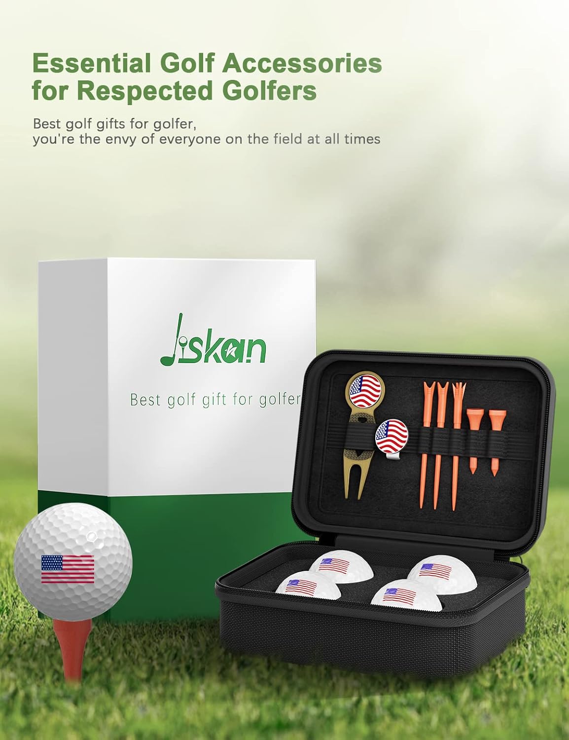 Jiskan Golf Gifts for Men and Women, Golf Accessories Set with Hi-End Case, Golf Balls, Rangefinder, Golf Tees, Brush, Multifunctional Divot Knife, Scorer, Golf Ball Clamp