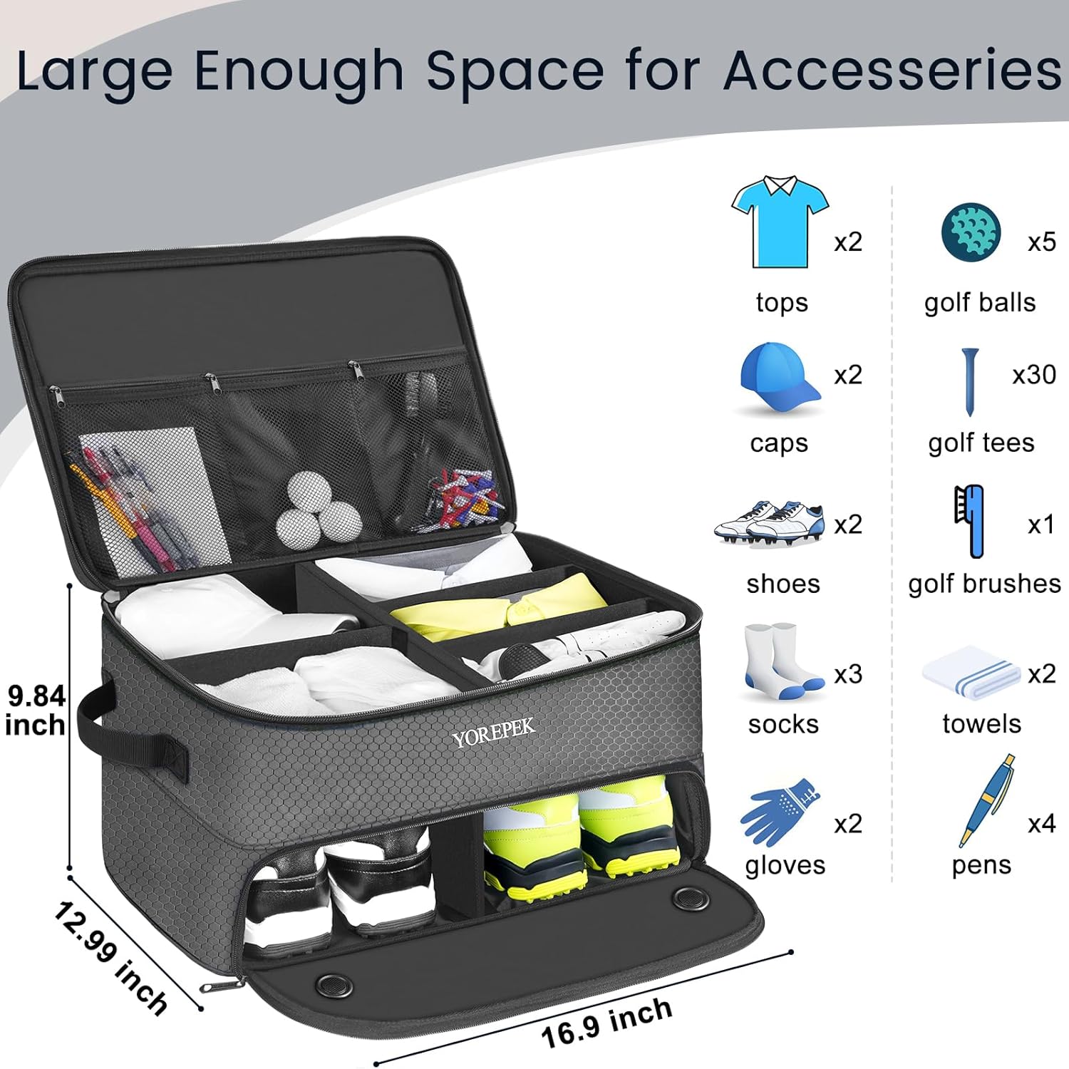 YOREPEK 2 Layer Golf Trunk Organizer, Waterproof Car Golf Locker with Separate Ventilated Compartment for 2 Pair Shoes, Golf Trunk Storage for Balls, Tees, Clothes, Gloves, Accessories, Golf Gifts