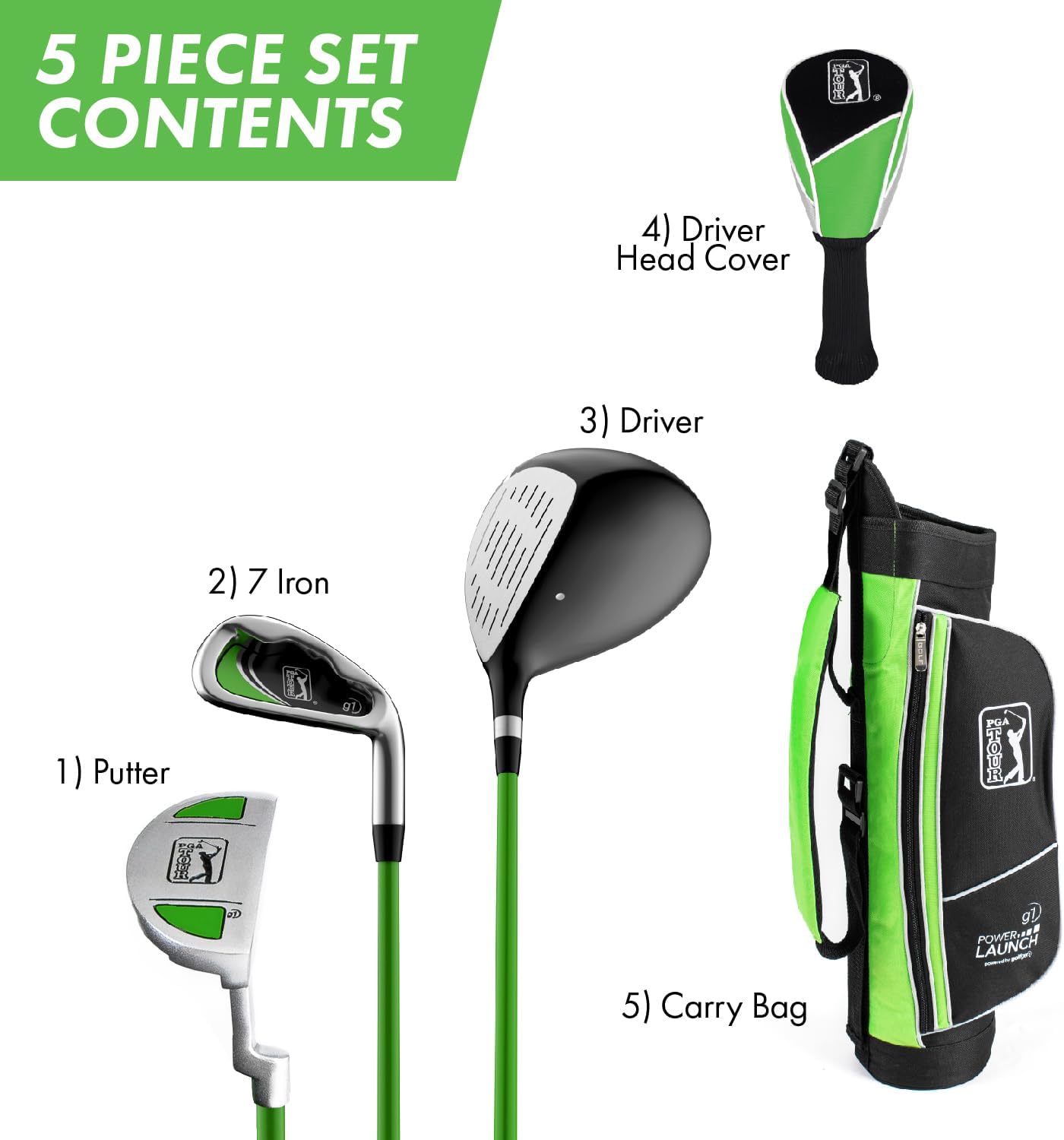 PGA Tour G1 Series Kids Green Golf Club Set with 3 Clubs, Golf Bag & 5 Total Pieces | Golf Clubs and Sets for Heights 3'6 - 4'1 | Complete Golf Club Sets | Young Men & Women Golf Clubs Ages 3-5