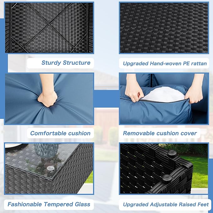 Shintenchi 7 Pieces Outdoor Patio Sectional Sofa Couch, Black Wicker Furniture Conversation Sets with Washable Cushions & Glass Coffee Table for Garden, Poolside, Backyard (Aegean Blue)