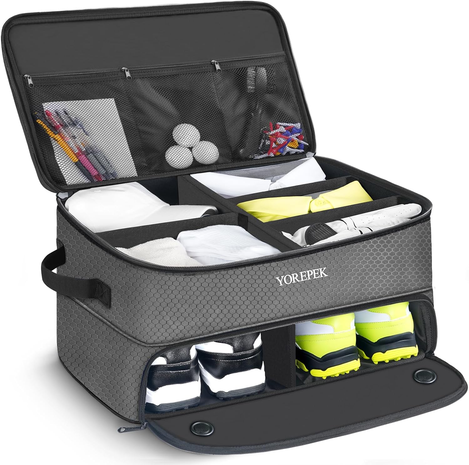YOREPEK 2 Layer Golf Trunk Organizer, Waterproof Car Golf Locker with Separate Ventilated Compartment for 2 Pair Shoes, Golf Trunk Storage for Balls, Tees, Clothes, Gloves, Accessories, Golf Gifts