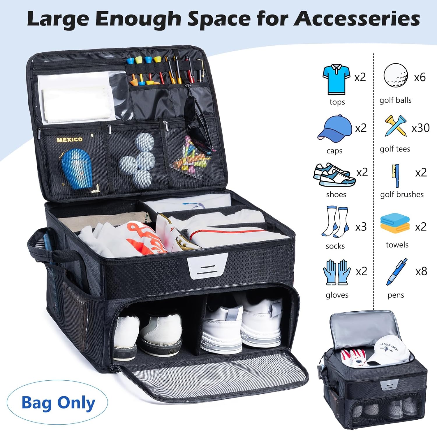 VIGEGARI Upgraded Golf Trunk Organizer Storage with Separate Compartment for 2 Pair Shoes Up to US Mens 16, Golf Car Locker Organizer for Golf Balls, Golf Gloves, Golf Accesories for Men, Golf Gifts