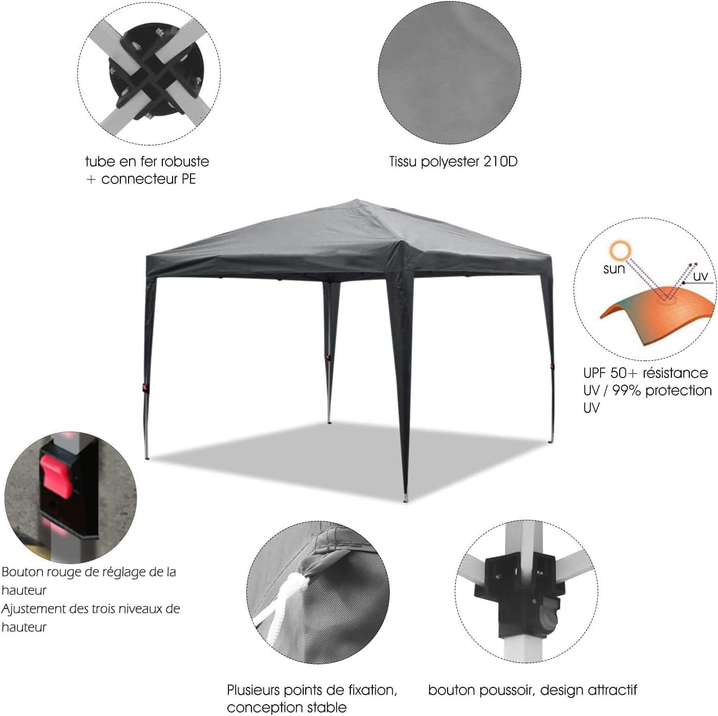 ISE 3 x 3 m Folding Garden Tent, Sturdy Waterproof Gazebo, Water Resistant Garden Tent with 4 Side Walls for Reception, Party, Camping, Festival, Beer, Gray