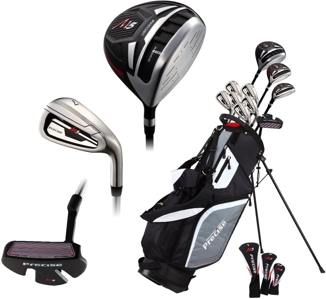 Precise M5 Men's Complete Golf Clubs Package Set Includes Titanium Driver, S.S. Fairway, S.S. Hybrid, S.S. 5-PW Irons, Putter, Stand Bag, 3 H/C's