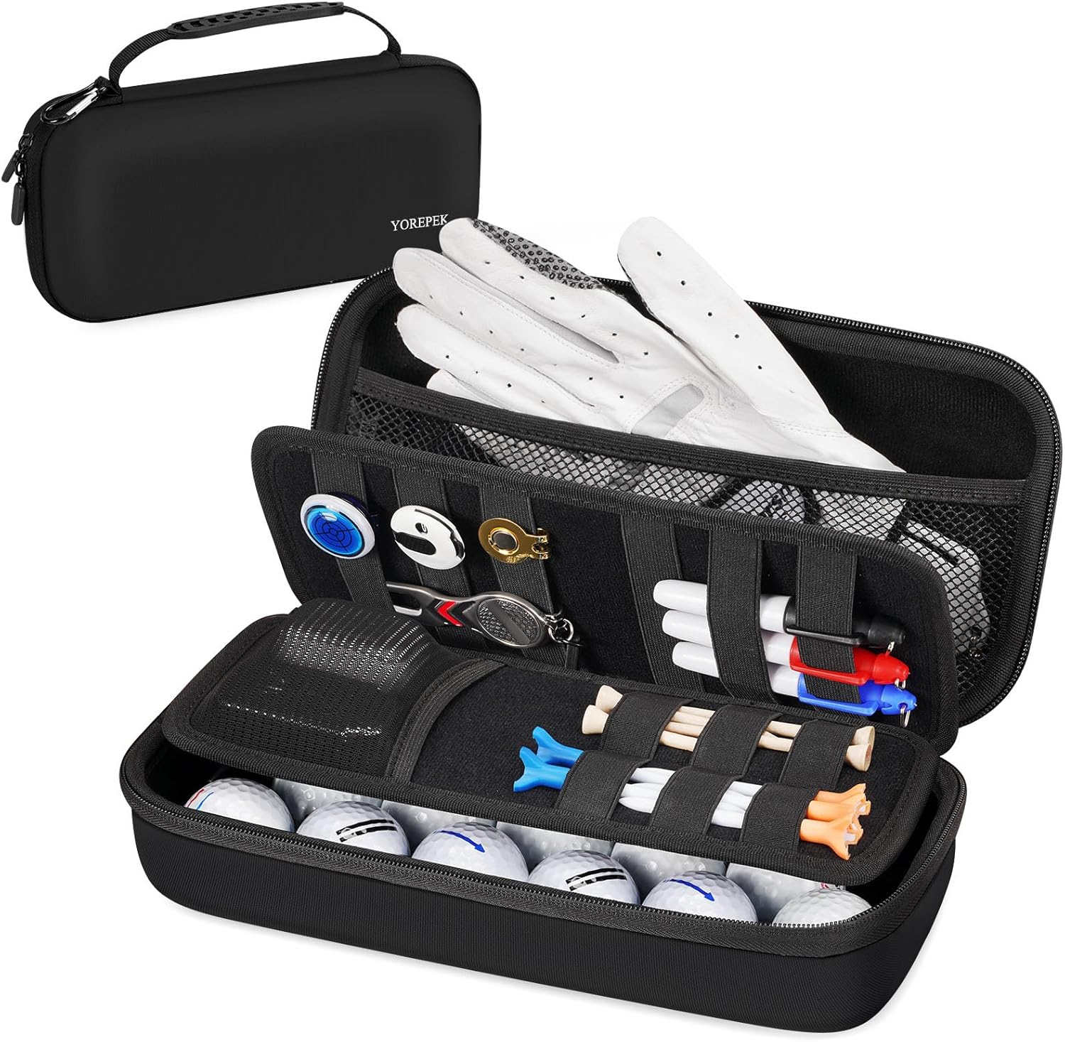 YOREPEK Golf Glove Holder with Removable Golf Glove Shaper, Protective Hard Shell Golf Accessories Case Bag with 2 Dividers Fits Balls, Tees, Markers, Divot Tools, Golf Essentials, Golf Gifts for Men