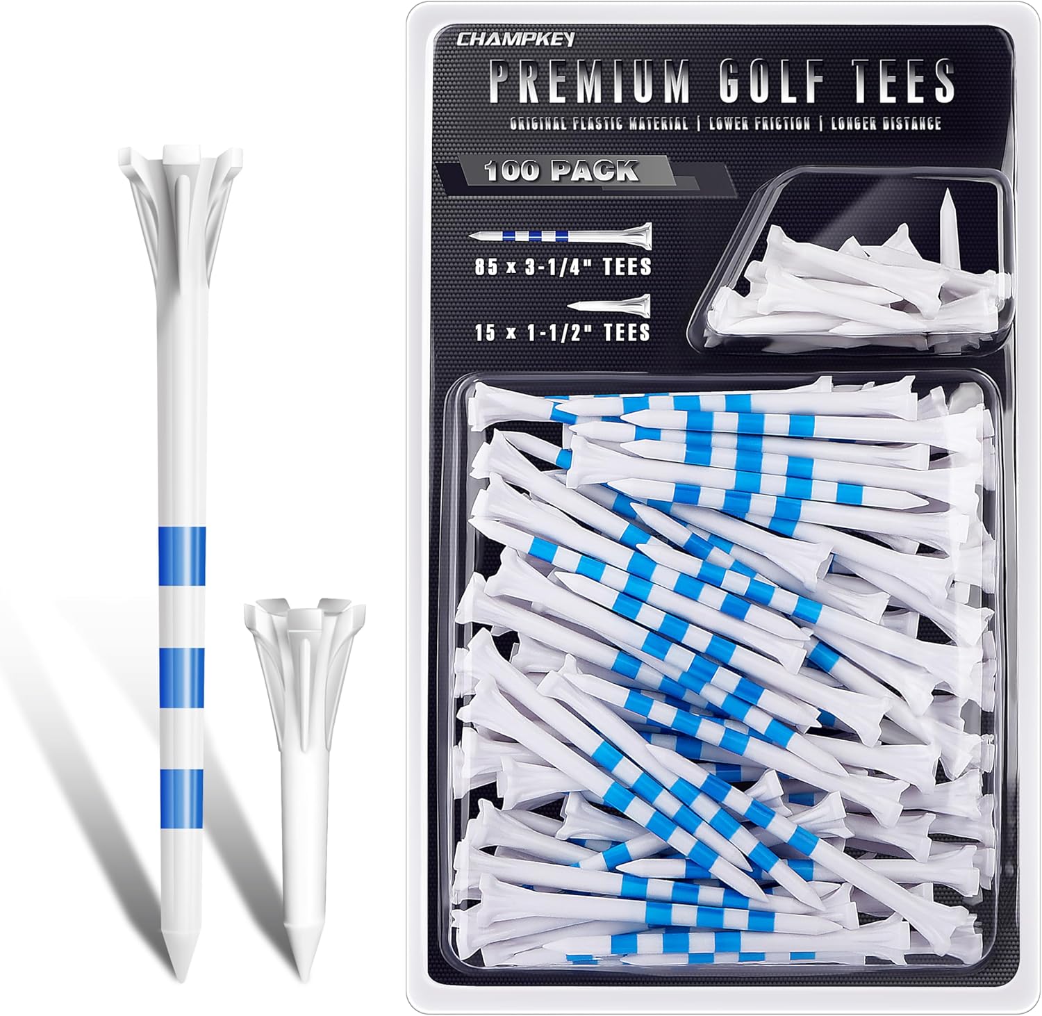 CHAMPKEY Professional 5 Prongs Golf Tees 100 Pack | 85 Driver Tees with 15 Iron/Hybrid Tees Mixed Pack | Low Friction and Resistance Golf Plastic Tees