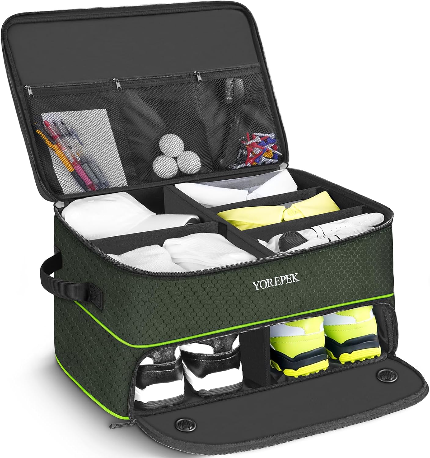 YOREPEK 2 Layer Golf Trunk Organizer, Waterproof Car Golf Locker with Separate Ventilated Compartment for 2 Pair Shoes, Golf Trunk Storage for Balls, Tees, Clothes, Gloves, Accessories, Golf Gifts