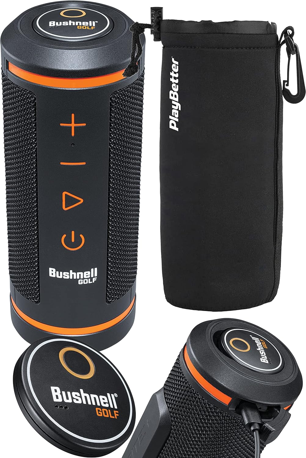 Bushnell Wingman 2 Golf Speaker with GPS (2024) | Remote Controlled Voice GPS Distances, Music, 40,000+ Courses, BITE Magnetic Cart Mount - Bundle with PlayBetter Protective Wingman Pouch