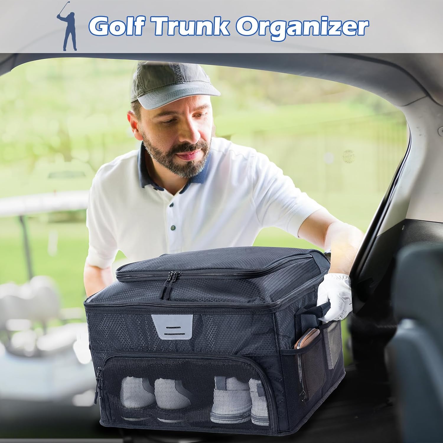 VIGEGARI Upgraded Golf Trunk Organizer Storage with Separate Compartment for 2 Pair Shoes Up to US Mens 16, Golf Car Locker Organizer for Golf Balls, Golf Gloves, Golf Accesories for Men, Golf Gifts