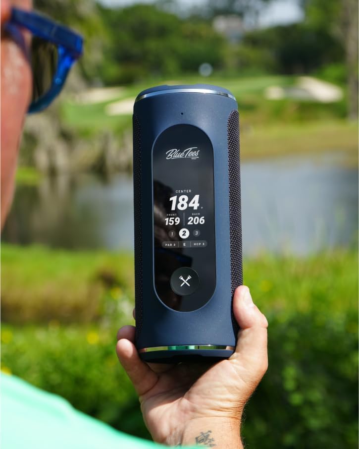 Blue Tees Golf Player+ GPS Speaker with Touch Screen Display, 10+ Hours Battery, 40,000+ Courses, Visual + Audible Distance, Hazard Distance - IPX7 Waterproof (Navy)