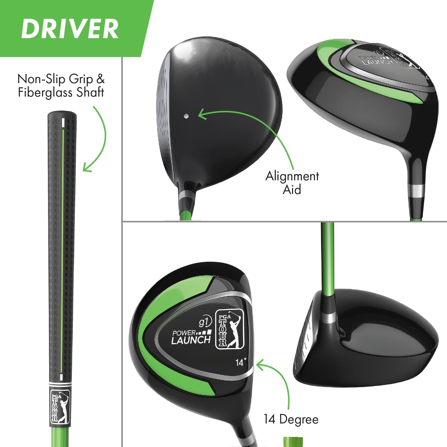 PGA Tour G1 Series Kids Green Golf Club Set with 3 Clubs, Golf Bag & 5 Total Pieces | Golf Clubs and Sets for Heights 3'6 - 4'1 | Complete Golf Club Sets | Young Men & Women Golf Clubs Ages 3-5