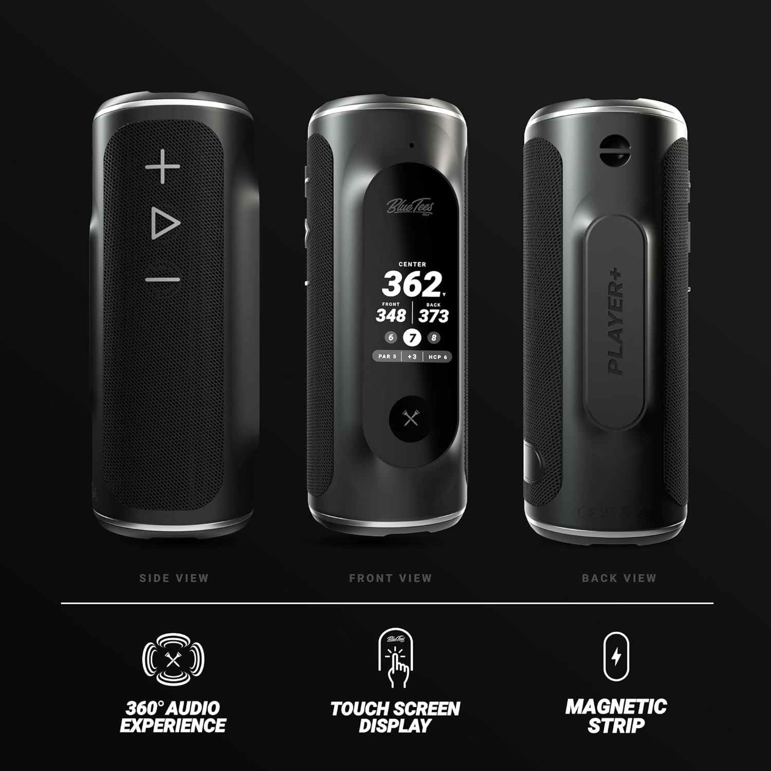 Blue Tees Golf Player+ GPS Speaker with Touch Screen Display, 10+ Hours Battery, 40,000+ Courses, Visual + Audible Distance, Hazard Distance - IPX7 Waterproof (Navy)