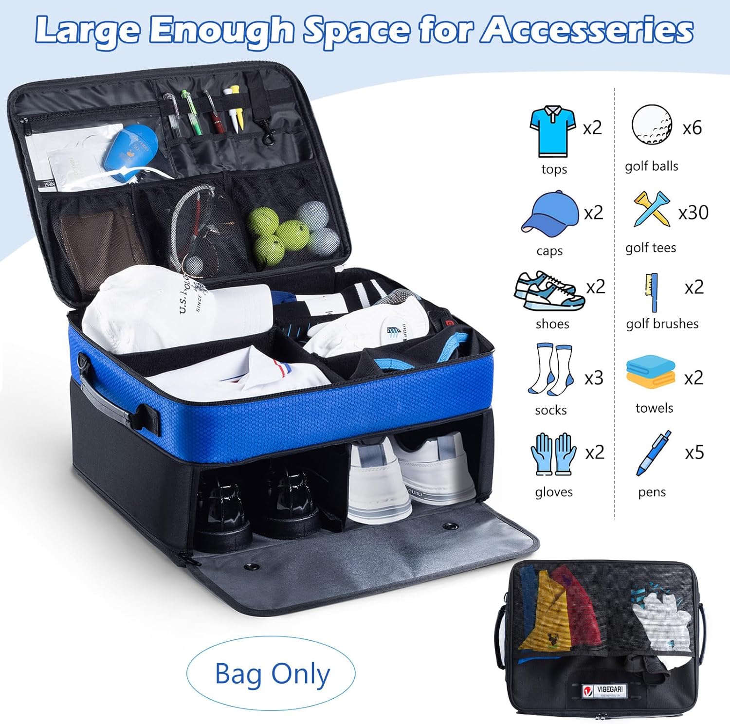 VIGEGARI Upgraded Golf Trunk Organizer Storage with Separate Compartment for 2 Pair Shoes Up to US Mens 16, Golf Car Locker Organizer for Golf Balls, Golf Gloves, Golf Accesories for Men, Golf Gifts