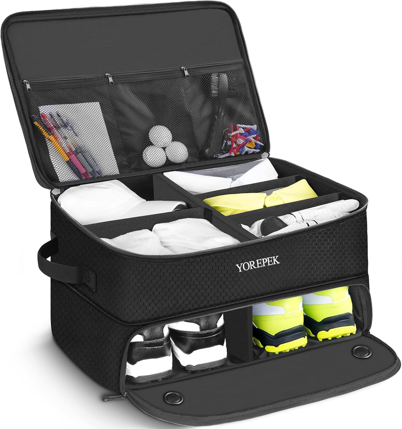 YOREPEK 2 Layer Golf Trunk Organizer, Waterproof Car Golf Locker with Separate Ventilated Compartment for 2 Pair Shoes, Golf Trunk Storage for Balls, Tees, Clothes, Gloves, Accessories, Golf Gifts
