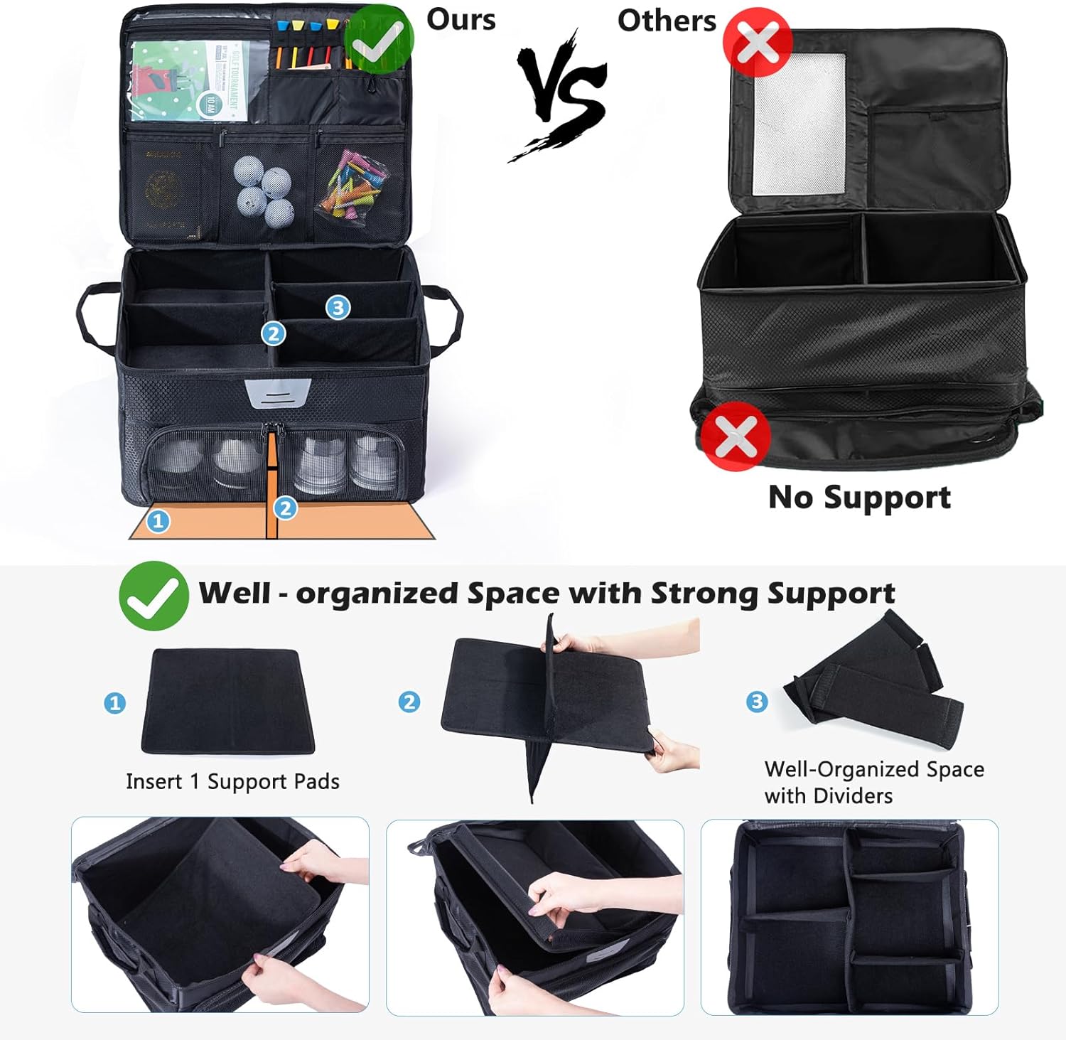 VIGEGARI Upgraded Golf Trunk Organizer Storage with Separate Compartment for 2 Pair Shoes Up to US Mens 16, Golf Car Locker Organizer for Golf Balls, Golf Gloves, Golf Accesories for Men, Golf Gifts