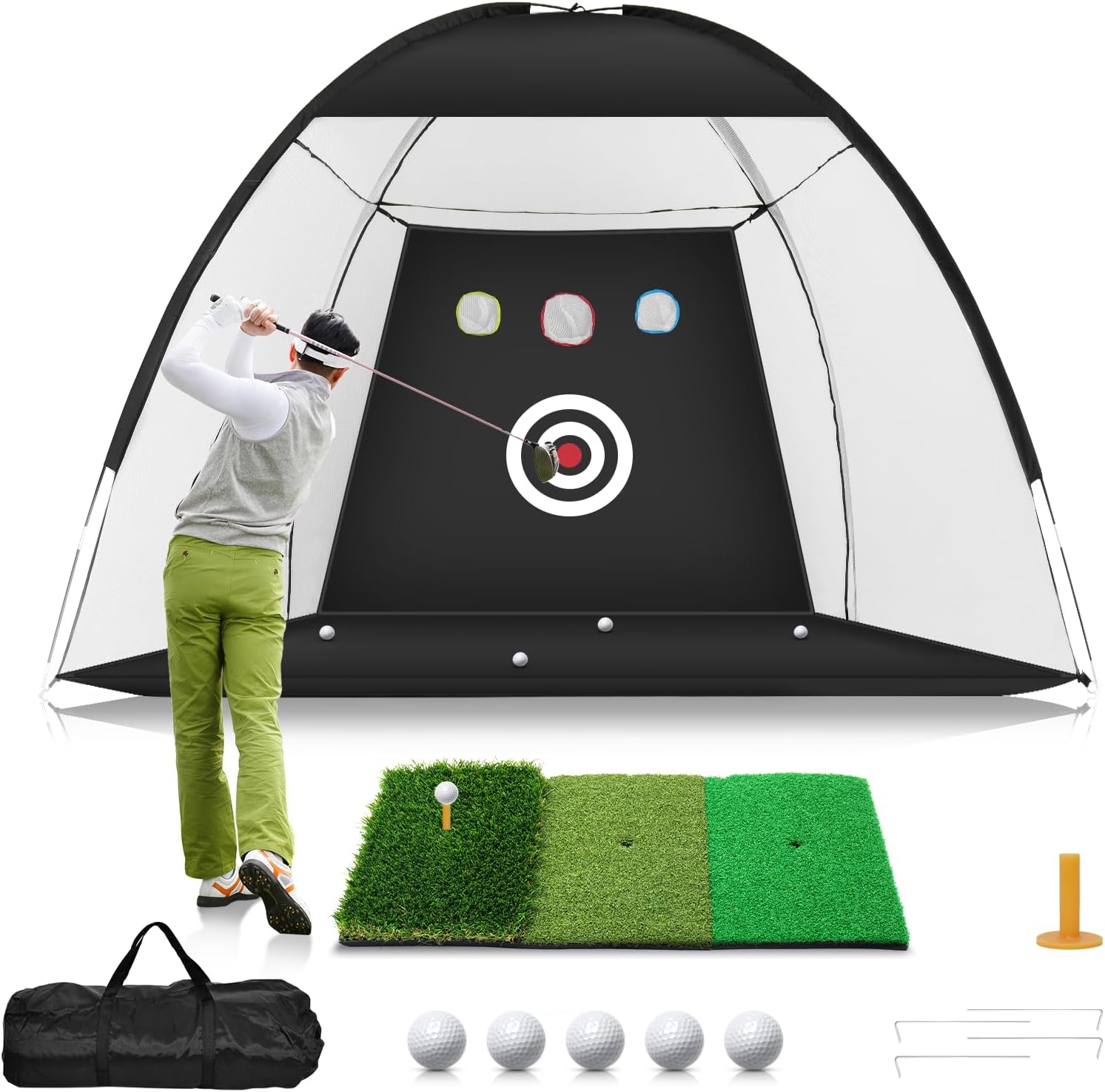 Golf Net, 10x7ft Golf Practice Net with Tri-Turf Golf Mat, All in 1 Home Golf Hitting Aid Nets for Backyard Driving Chipping Swing Training with Target/Mat/Balls/Tee/Bag - Gift for Men/Golf Lovers