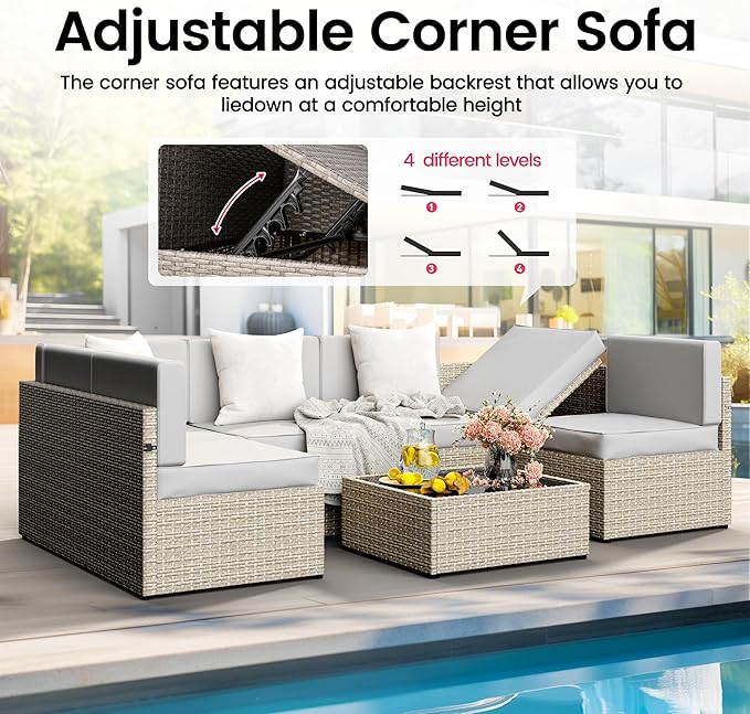 Pamapic Outdoor Sectional Furniture for 6,Wicker Patio Furniture,All-Weather Gray PE Rattan Sectional Sofa, Conversation Set with Washable Cushions Covers and Coffee Table for Garden Poolside