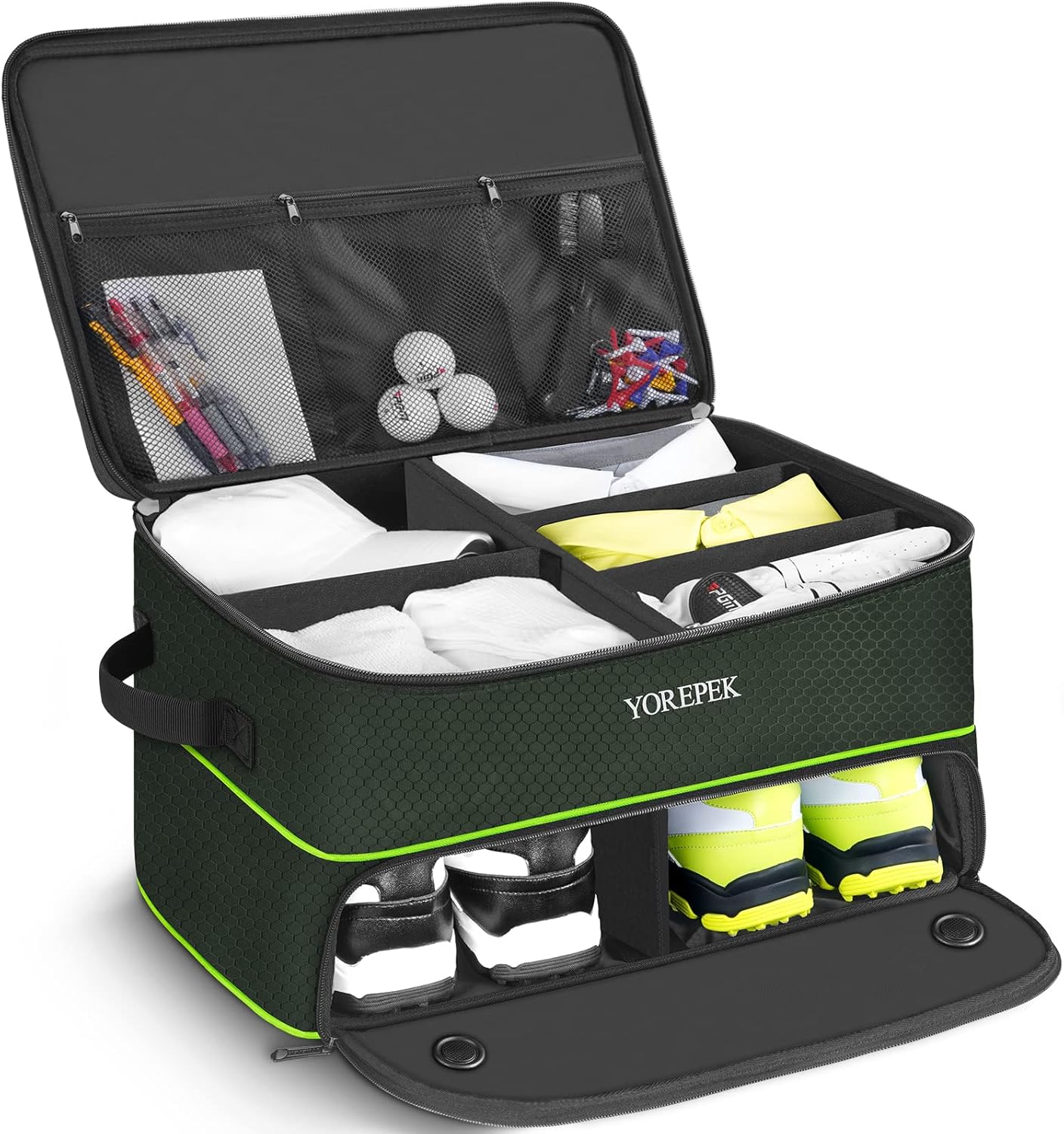 YOREPEK 2 Layer Golf Trunk Organizer, Waterproof Car Golf Locker with Separate Ventilated Compartment for 2 Pair Shoes, Golf Trunk Storage for Balls, Tees, Clothes, Gloves, Accessories, Golf Gifts