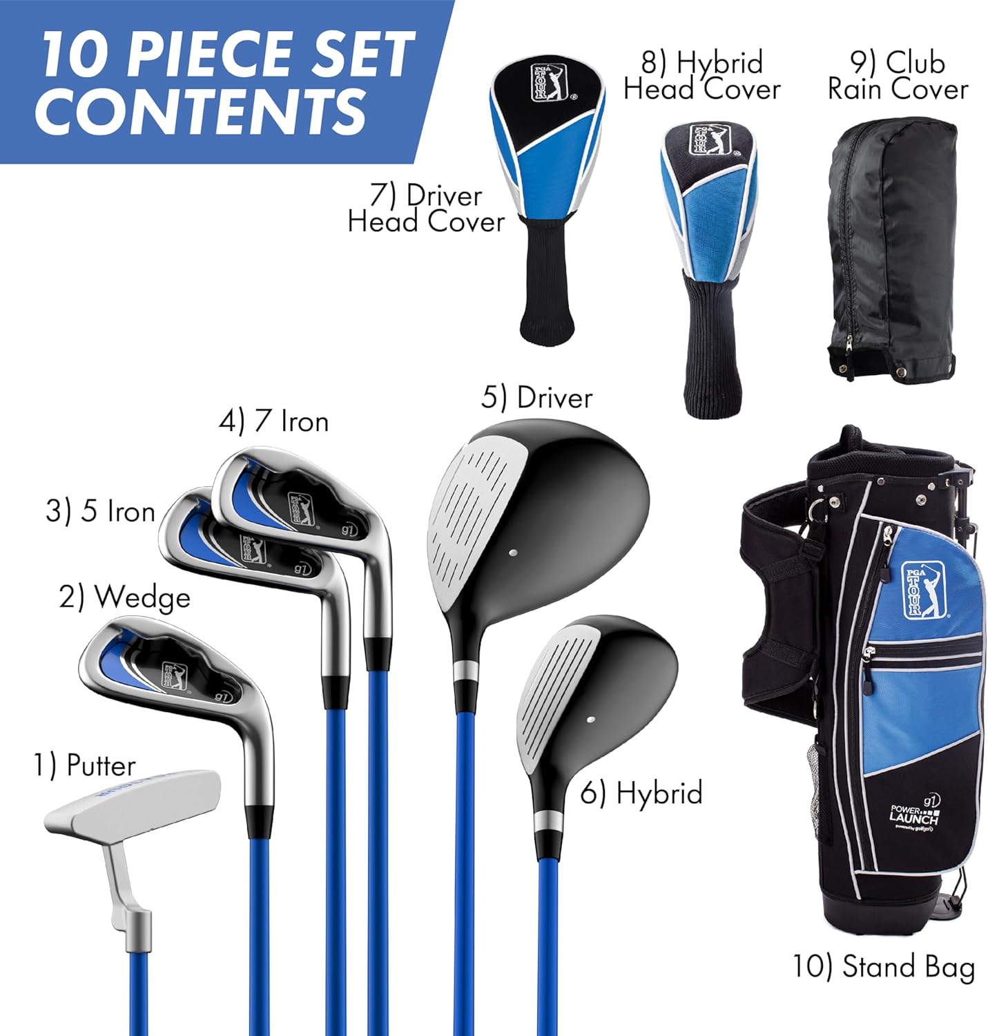 PGA Tour G1 Series Blue Kids Golf Club Set | Right and Left Handed Options | Golf Clubs and Sets for Height 4'8-5'2 | Complete Golf Club Sets w/a Golf Driver, Putter & Golf Bag