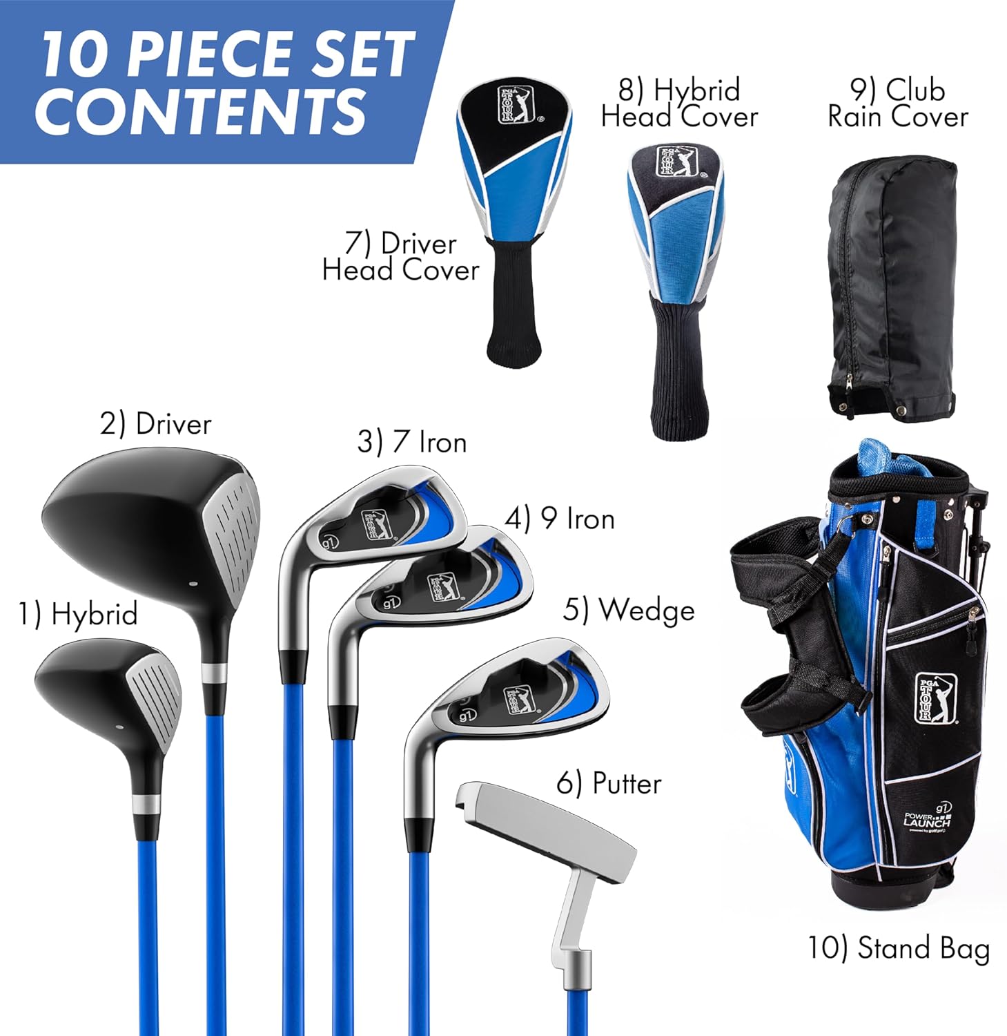 PGA Tour G1 Series Blue Kids Golf Club Set | Right and Left Handed Options | Golf Clubs and Sets for Height 4'8-5'2 | Complete Golf Club Sets w/a Golf Driver, Putter & Golf Bag