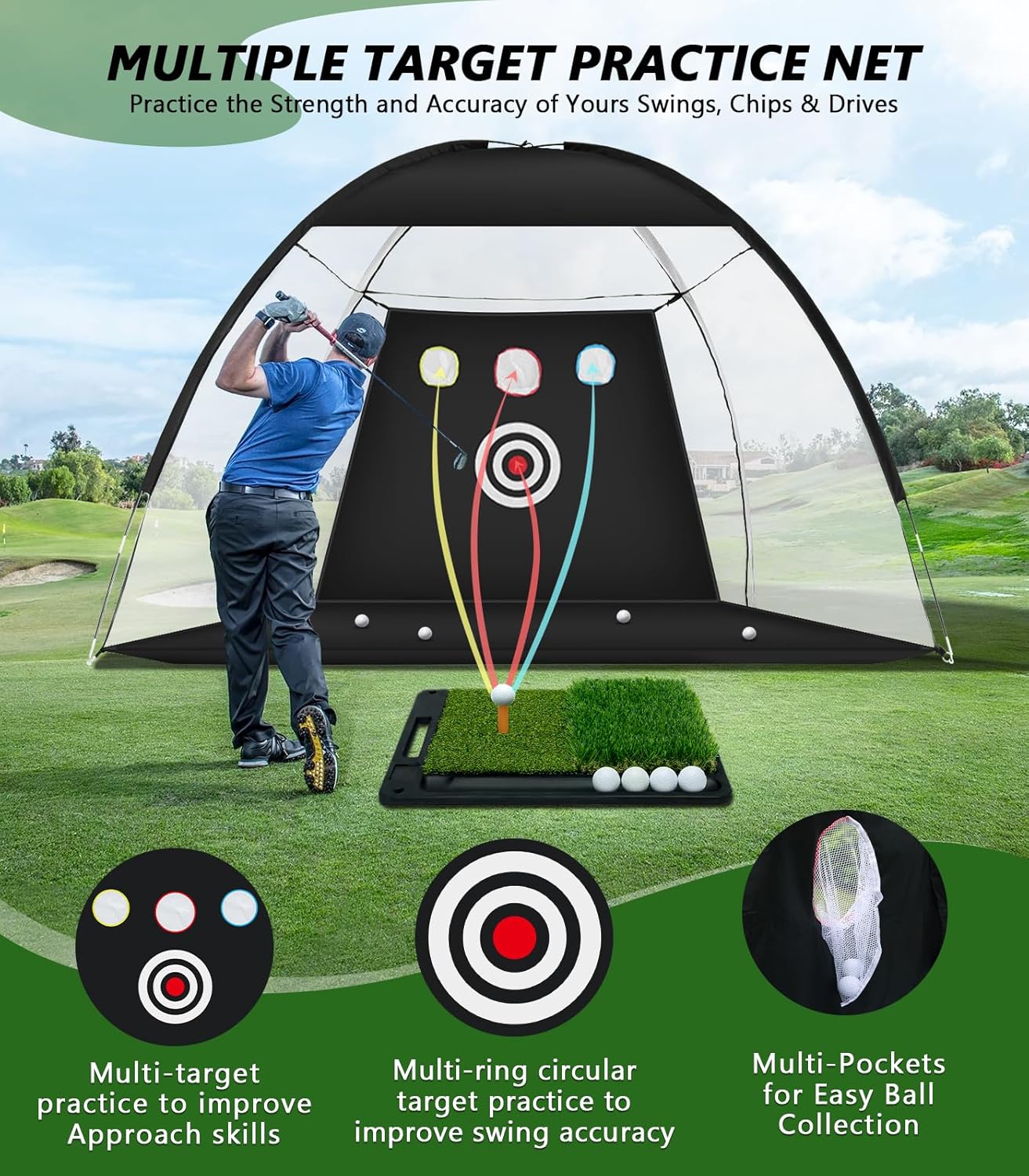 Golf Net: 10x7ft Golf Practice Net with Heavy Base Dual-Turf Golf Mat, All-in-One Mult-Target Golf Hitting Net, Golf Chipping Training Nets for Backyard Driving, Christmas Ideal Gifts for Men/Dad/Boy