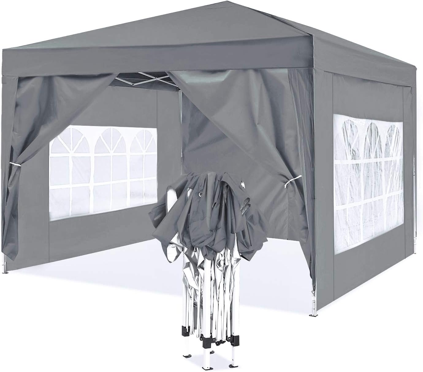 ISE 3 x 3 m Folding Garden Tent, Sturdy Waterproof Gazebo, Water Resistant Garden Tent with 4 Side Walls for Reception, Party, Camping, Festival, Beer, Gray