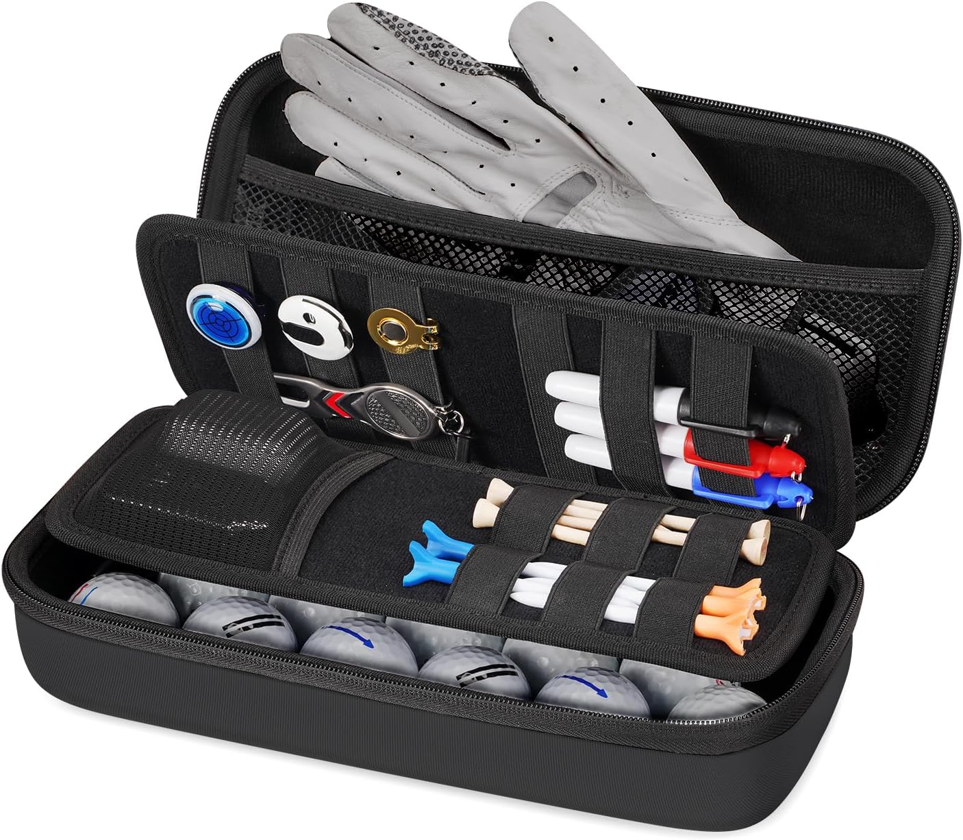 YOREPEK Golf Glove Holder with Removable Golf Glove Shaper, Protective Hard Shell Golf Accessories Case Bag with 2 Dividers Fits Balls, Tees, Markers, Divot Tools, Golf Essentials, Golf Gifts for Men