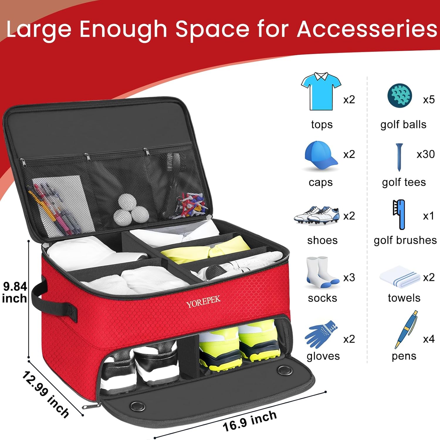 YOREPEK 2 Layer Golf Trunk Organizer, Waterproof Car Golf Locker with Separate Ventilated Compartment for 2 Pair Shoes, Golf Trunk Storage for Balls, Tees, Clothes, Gloves, Accessories, Golf Gifts