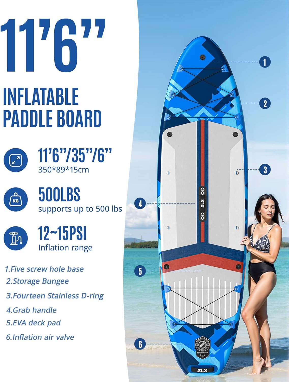 ZLX Super Wide 11'6 x 35 Inflatable Stand Up Paddle Board with Hand Pump for Adults & Youth - Super Stable Fins Design, Non-Slip Deck, Adjustable Paddle, Safety Leash, and Carry Bag