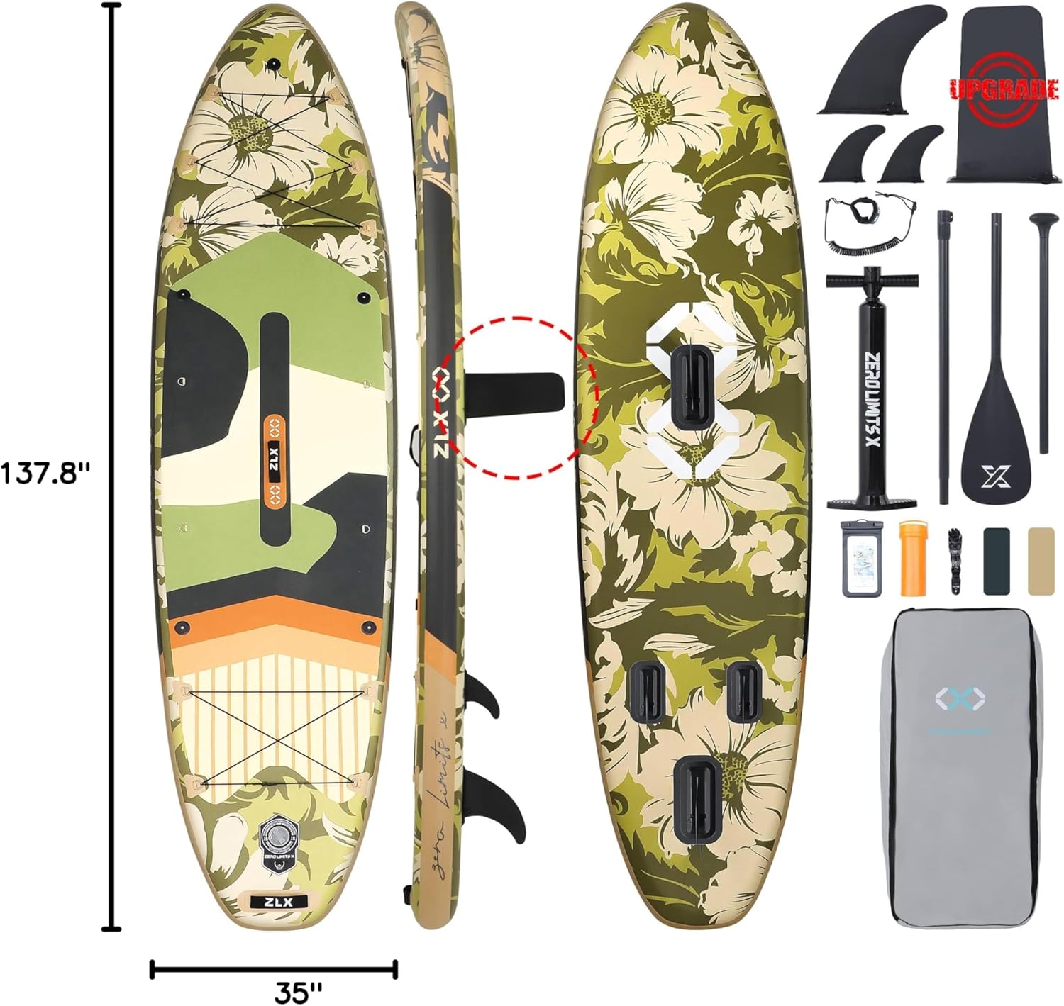 ZLX Super Wide 11'6 x 35 Inflatable Stand Up Paddle Board with Hand Pump for Adults & Youth - Super Stable Fins Design, Non-Slip Deck, Adjustable Paddle, Safety Leash, and Carry Bag
