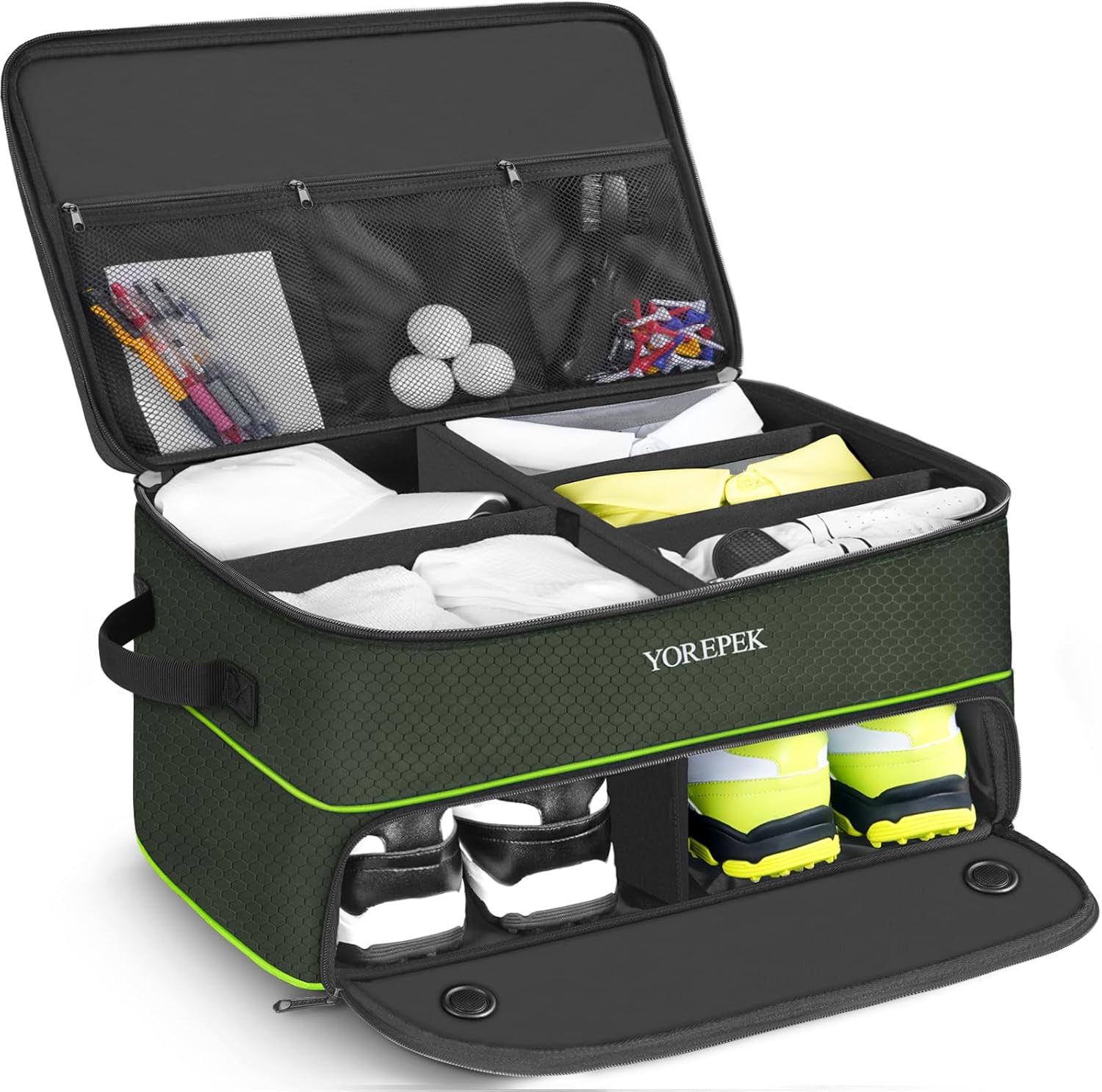 YOREPEK 2 Layer Golf Trunk Organizer, Waterproof Car Golf Locker with Separate Ventilated Compartment for 2 Pair Shoes, Golf Trunk Storage for Balls, Tees, Clothes, Gloves, Accessories, Golf Gifts