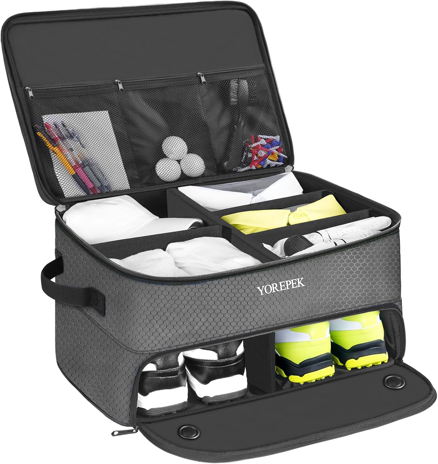 YOREPEK 2 Layer Golf Trunk Organizer, Waterproof Car Golf Locker with Separate Ventilated Compartment for 2 Pair Shoes, Golf Trunk Storage for Balls, Tees, Clothes, Gloves, Accessories, Golf Gifts