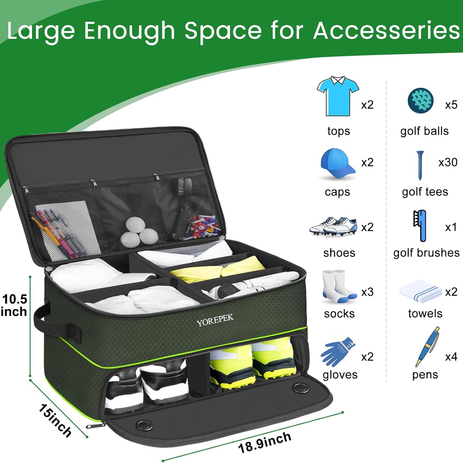 YOREPEK 2 Layer Golf Trunk Organizer, Waterproof Car Golf Locker with Separate Ventilated Compartment for 2 Pair Shoes, Golf Trunk Storage for Balls, Tees, Clothes, Gloves, Accessories, Golf Gifts