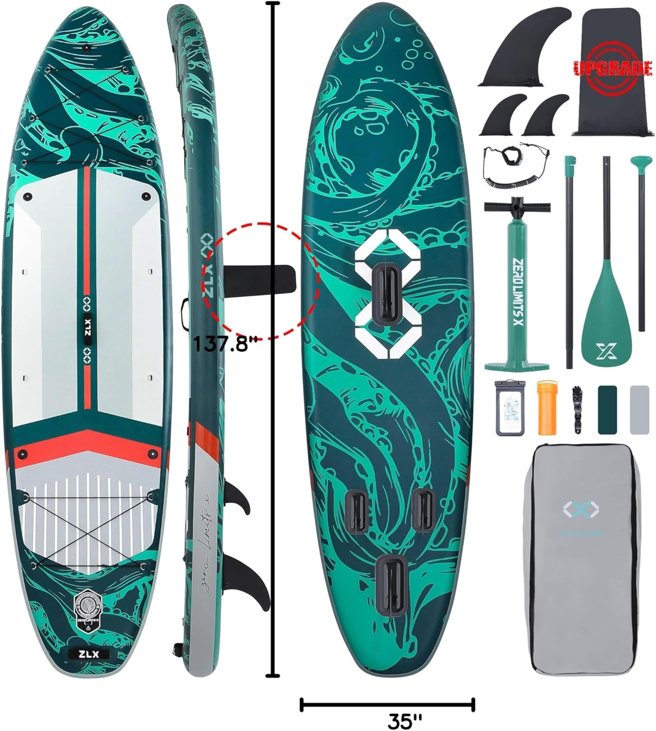 ZLX Super Wide 11'6 x 35 Inflatable Stand Up Paddle Board with Hand Pump for Adults & Youth - Super Stable Fins Design, Non-Slip Deck, Adjustable Paddle, Safety Leash, and Carry Bag