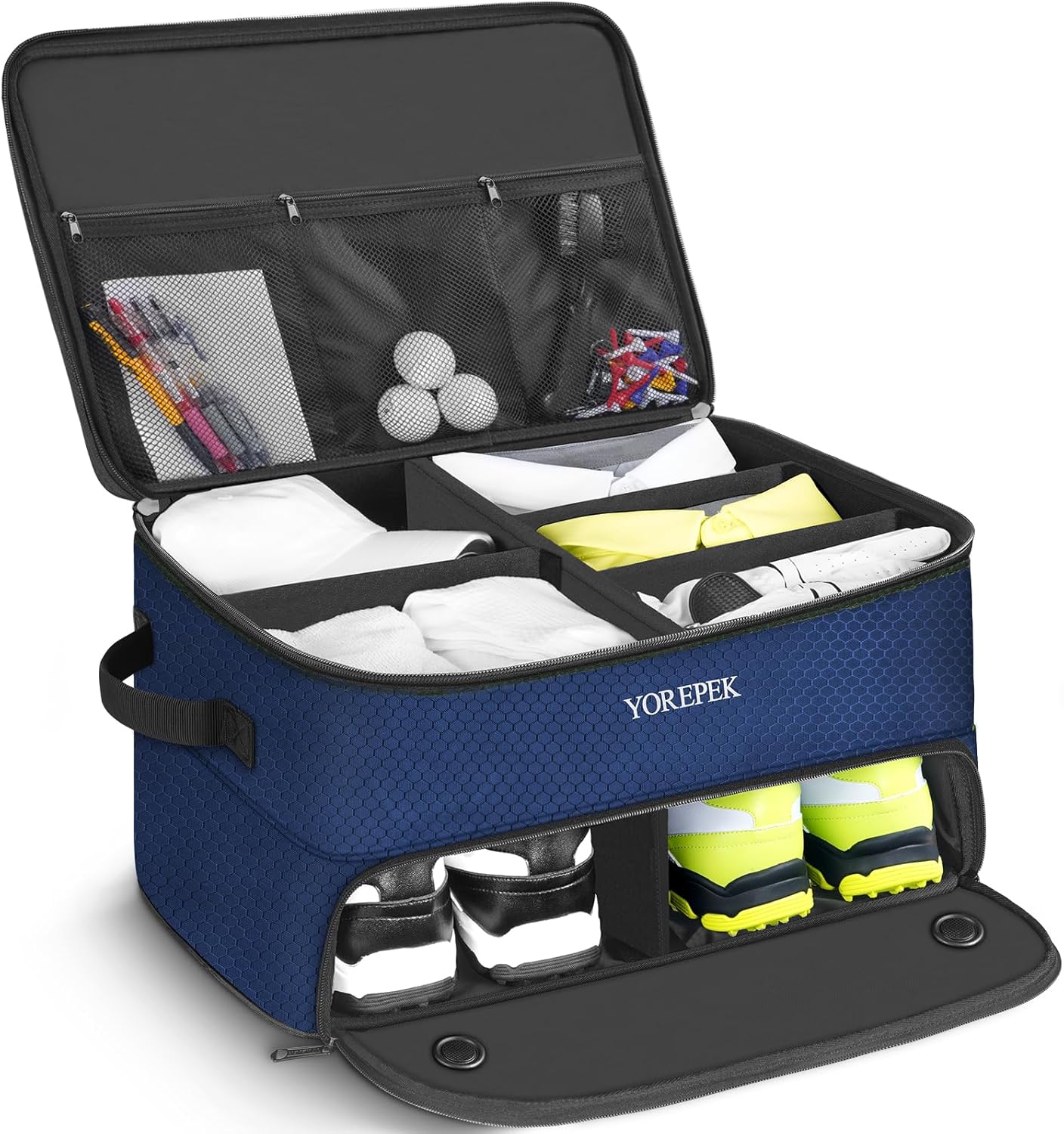 YOREPEK 2 Layer Golf Trunk Organizer, Waterproof Car Golf Locker with Separate Ventilated Compartment for 2 Pair Shoes, Golf Trunk Storage for Balls, Tees, Clothes, Gloves, Accessories, Golf Gifts