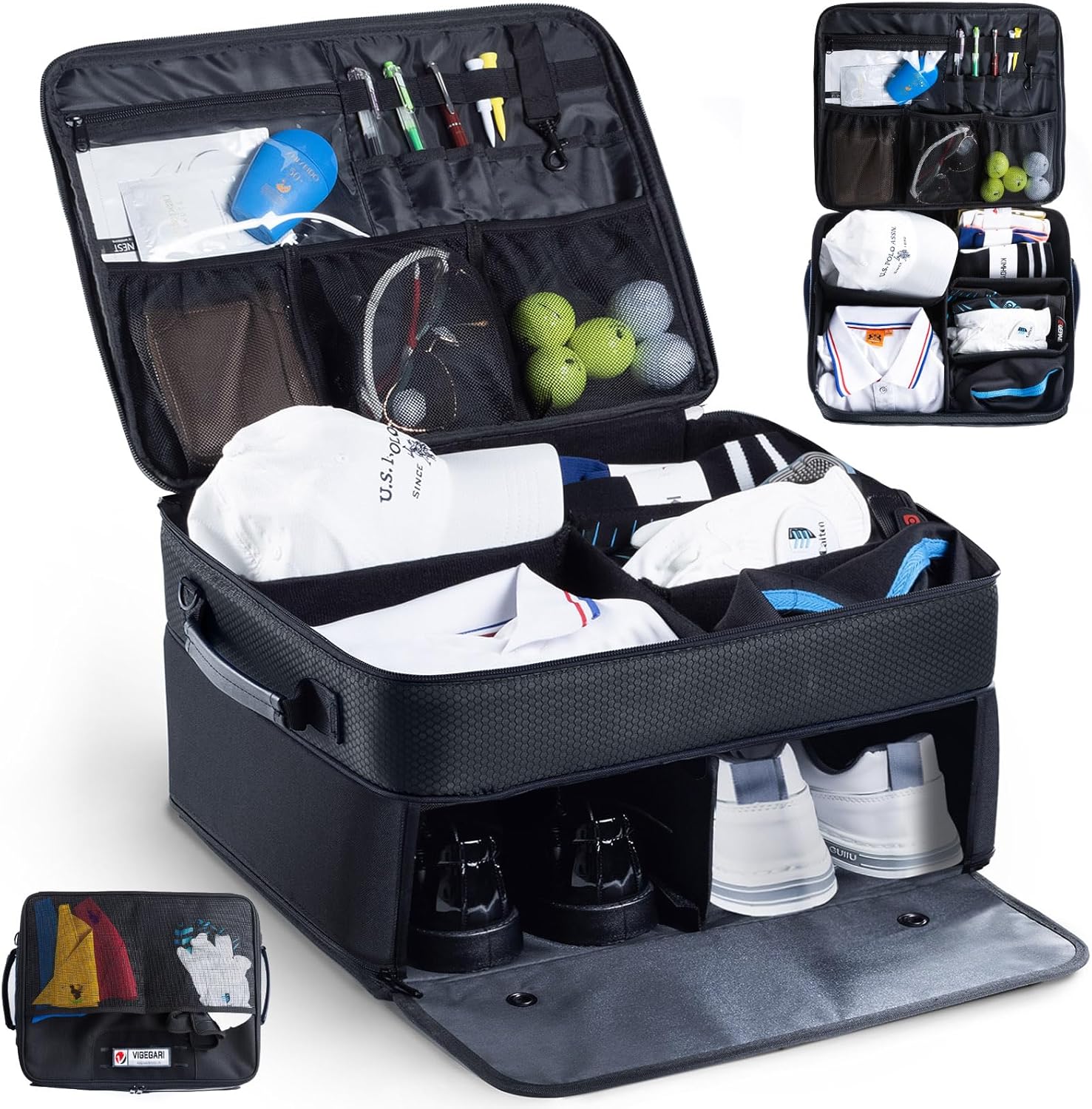 VIGEGARI Upgraded Golf Trunk Organizer Storage with Separate Compartment for 2 Pair Shoes Up to US Mens 16, Golf Car Locker Organizer for Golf Balls, Golf Gloves, Golf Accesories for Men, Golf Gifts
