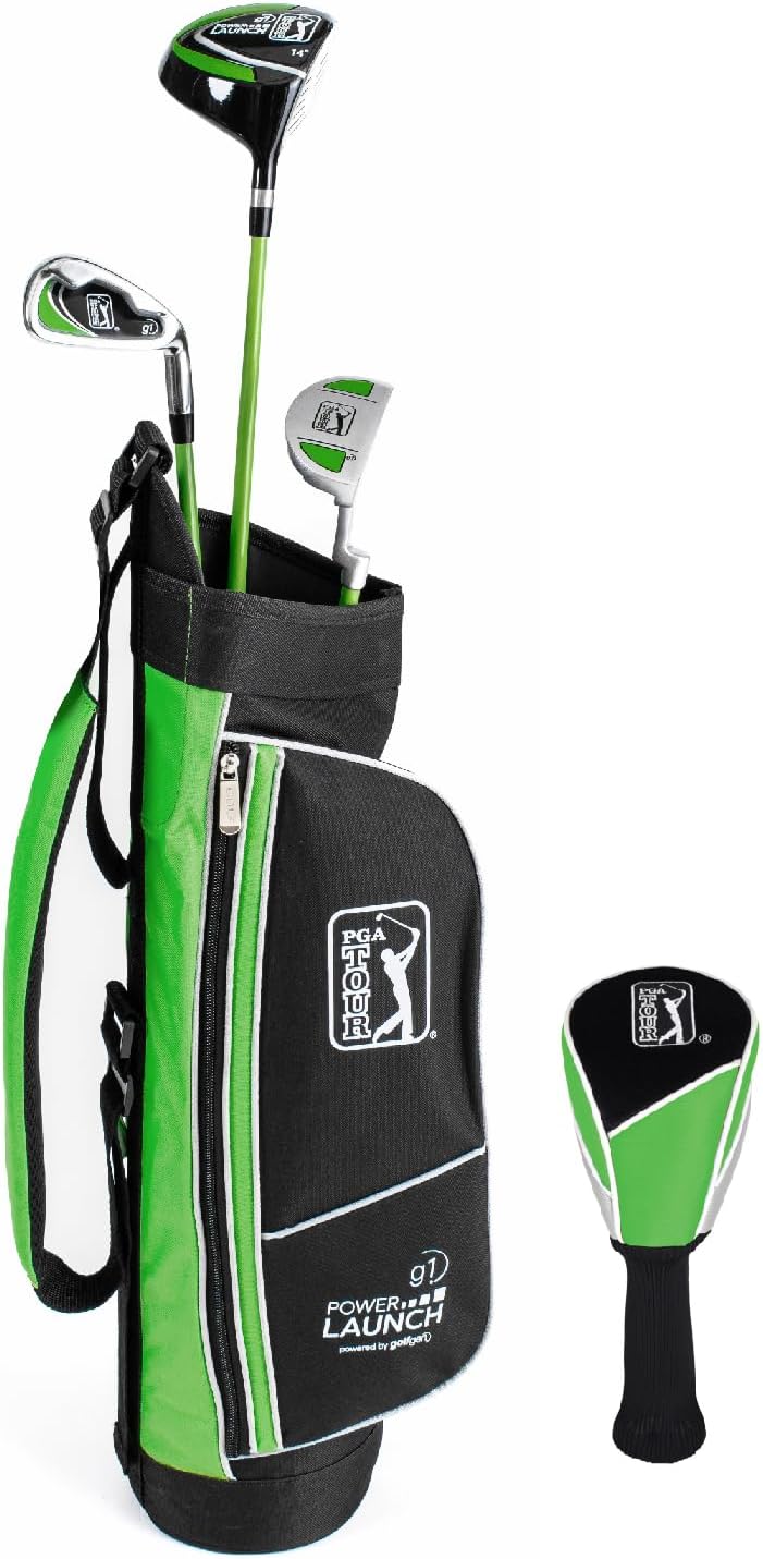 PGA Tour G1 Series Kids Green Golf Club Set with 3 Clubs, Golf Bag & 5 Total Pieces | Golf Clubs and Sets for Heights 3'6 - 4'1 | Complete Golf Club Sets | Young Men & Women Golf Clubs Ages 3-5
