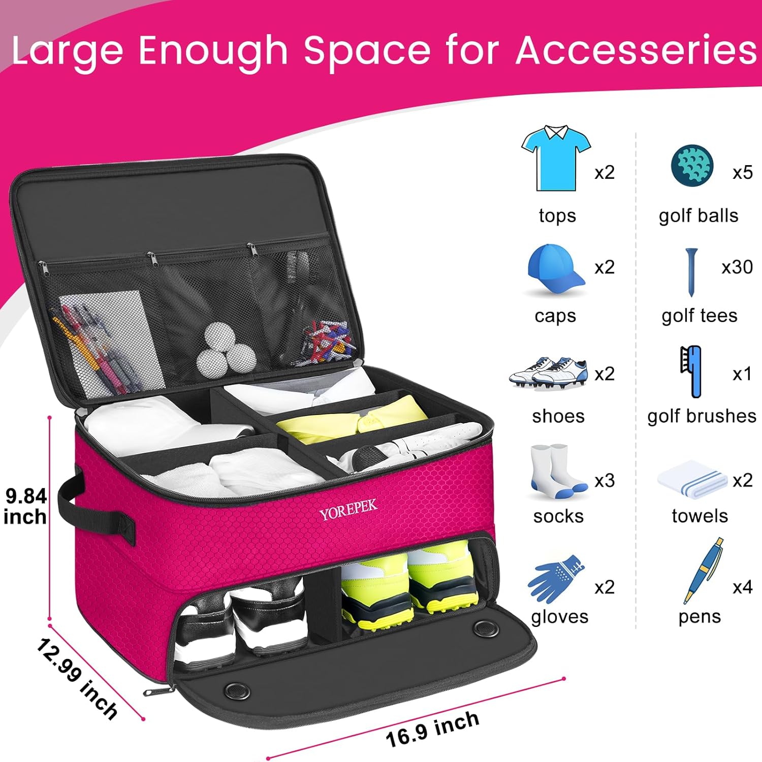 YOREPEK 2 Layer Golf Trunk Organizer, Waterproof Car Golf Locker with Separate Ventilated Compartment for 2 Pair Shoes, Golf Trunk Storage for Balls, Tees, Clothes, Gloves, Accessories, Golf Gifts
