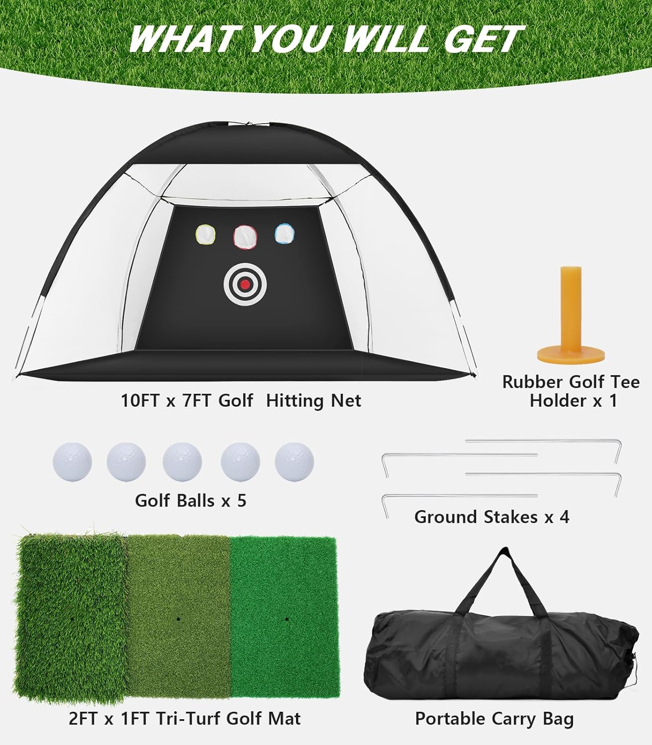 Golf Net, 10x7ft Golf Practice Net with Tri-Turf Golf Mat, All in 1 Home Golf Hitting Aid Nets for Backyard Driving Chipping Swing Training with Target/Mat/Balls/Tee/Bag - Gift for Men/Golf Lovers