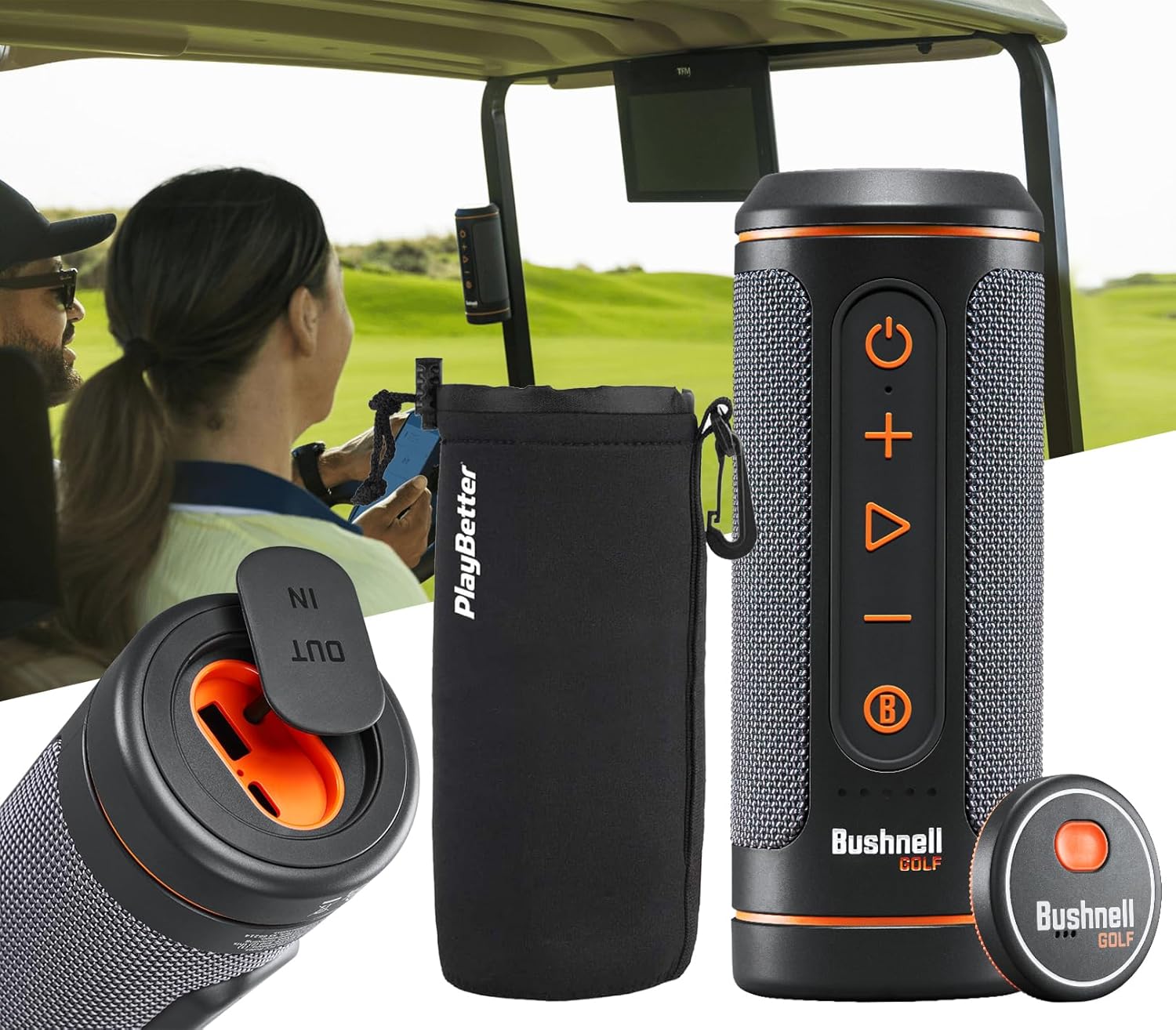 Bushnell Wingman 2 Golf Speaker with GPS (2024) | Remote Controlled Voice GPS Distances, Music, 40,000+ Courses, BITE Magnetic Cart Mount - Bundle with PlayBetter Protective Wingman Pouch
