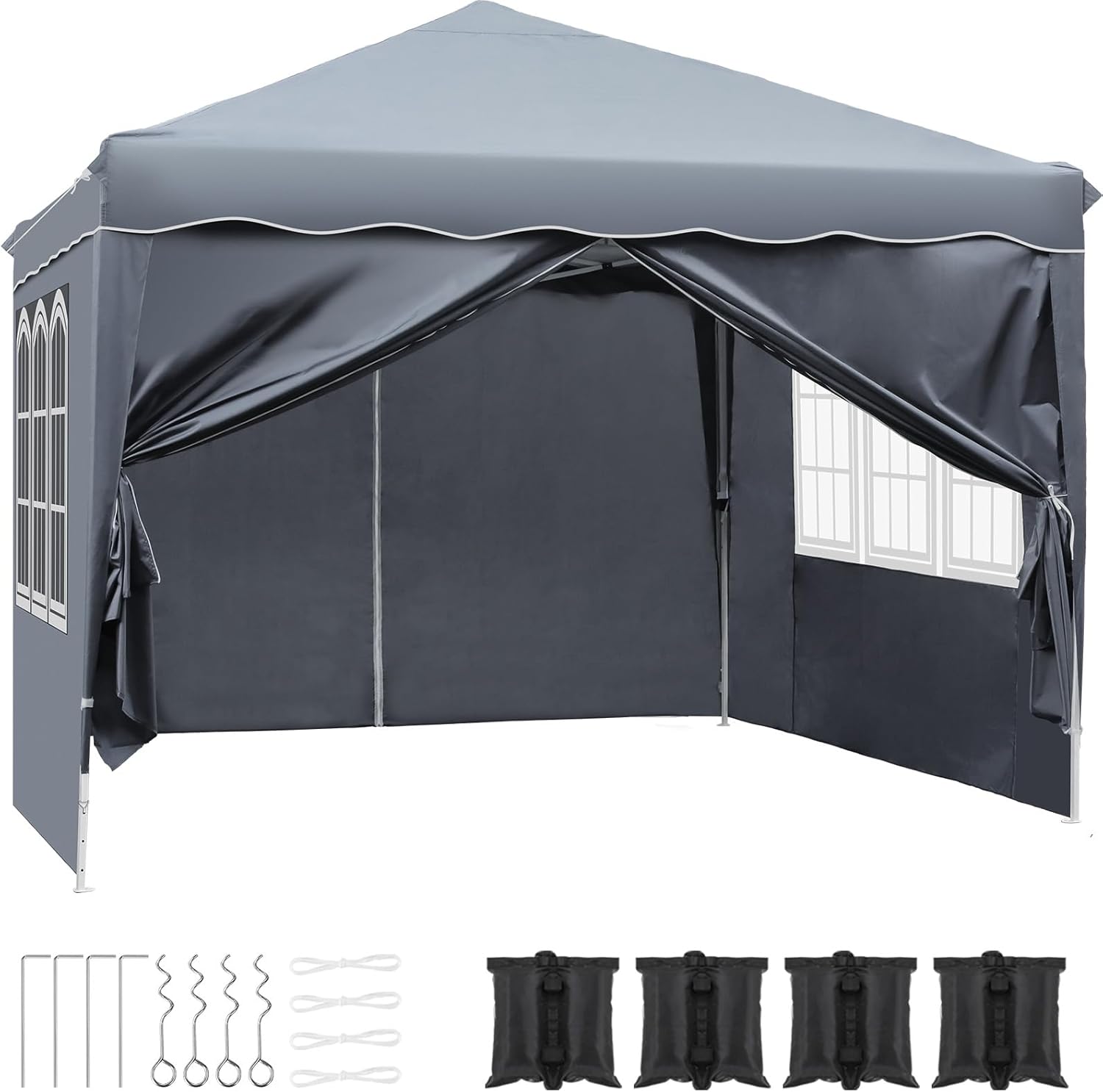 Gazebo 3 x 3, Waterproof Stable Winter Resistant Folding Tent Garden Tent Party Tent Pop-up Tent Folding Tent with 4 Side Walls UV Protection Over 50 for Camping (Gray)