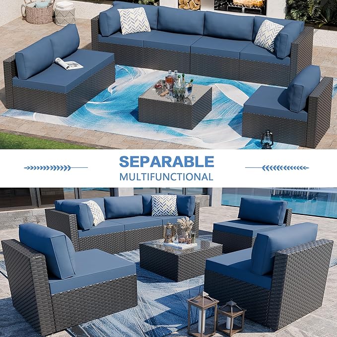 Shintenchi 7 Pieces Outdoor Patio Sectional Sofa Couch, Black Wicker Furniture Conversation Sets with Washable Cushions & Glass Coffee Table for Garden, Poolside, Backyard (Aegean Blue)