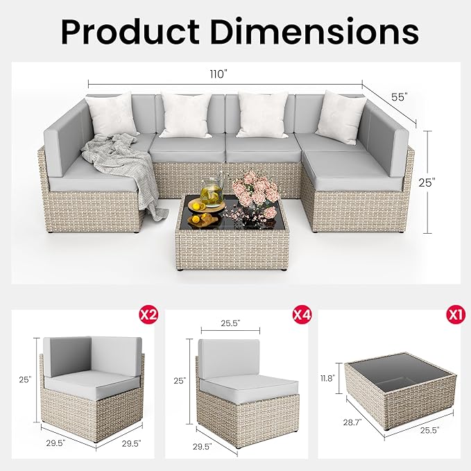 Pamapic Outdoor Sectional Furniture for 6,Wicker Patio Furniture,All-Weather Gray PE Rattan Sectional Sofa, Conversation Set with Washable Cushions Covers and Coffee Table for Garden Poolside