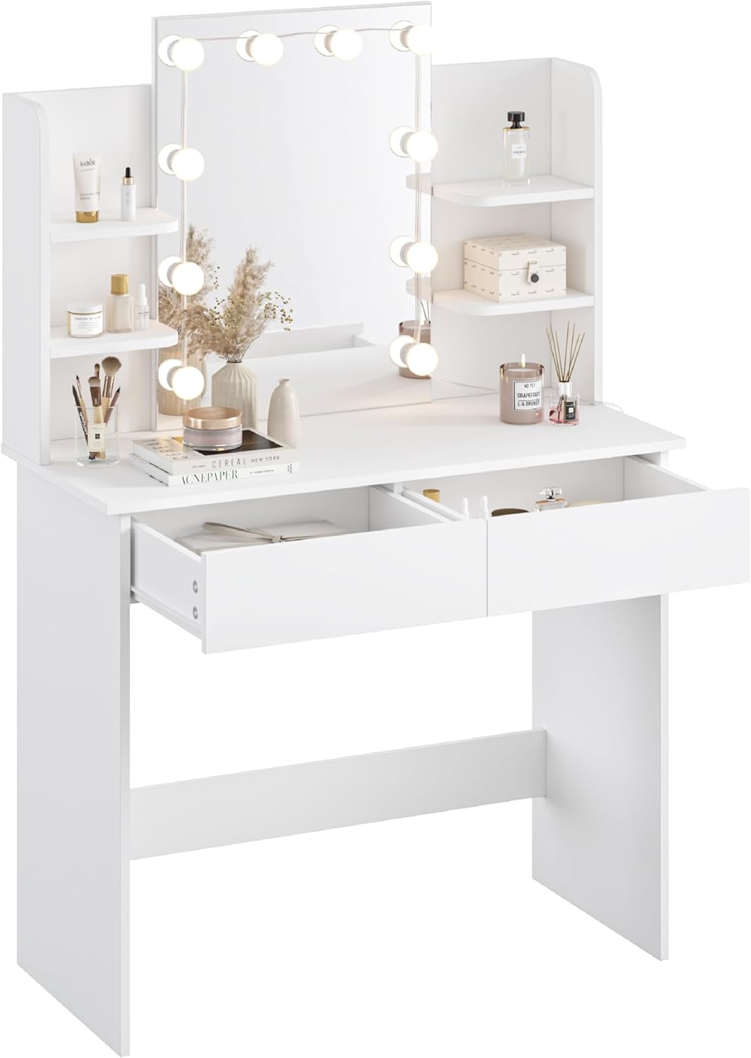WOLTU LED Lighting Vanity Table, Adjustable Brightness, 2 USB Ports, Dressing Table Vanity Table with Mirror, 2 Drawers, 4 Open Shelves, Dressing Table for Bedroom, White MB6112ws